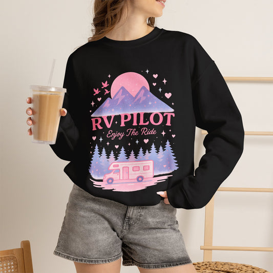 Moonlit RV Adventure: Pastel Pixel Camping Scene Funny Camping Sweatshirt