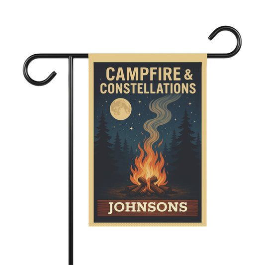 Campfire & Constellations Garden Flag — Personalized Outdoor Banner (Custom Family Name)