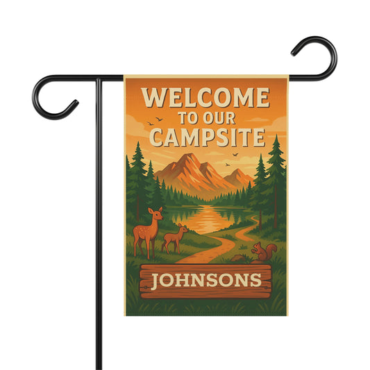 Welcome to Our Campsite Garden Flag — Personalized Outdoor Banner with Mountain, Deer & Forest Design
