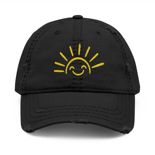 Smiley Sun Embroidered Distressed Dad Hat