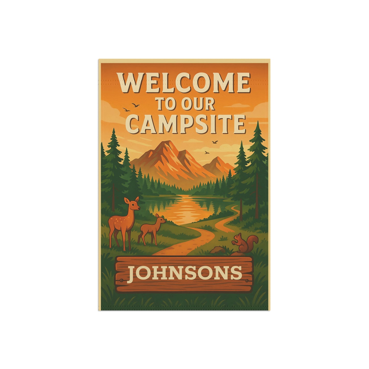 Welcome to Our Campsite Garden Flag — Personalized Outdoor Banner with Mountain, Deer & Forest Design