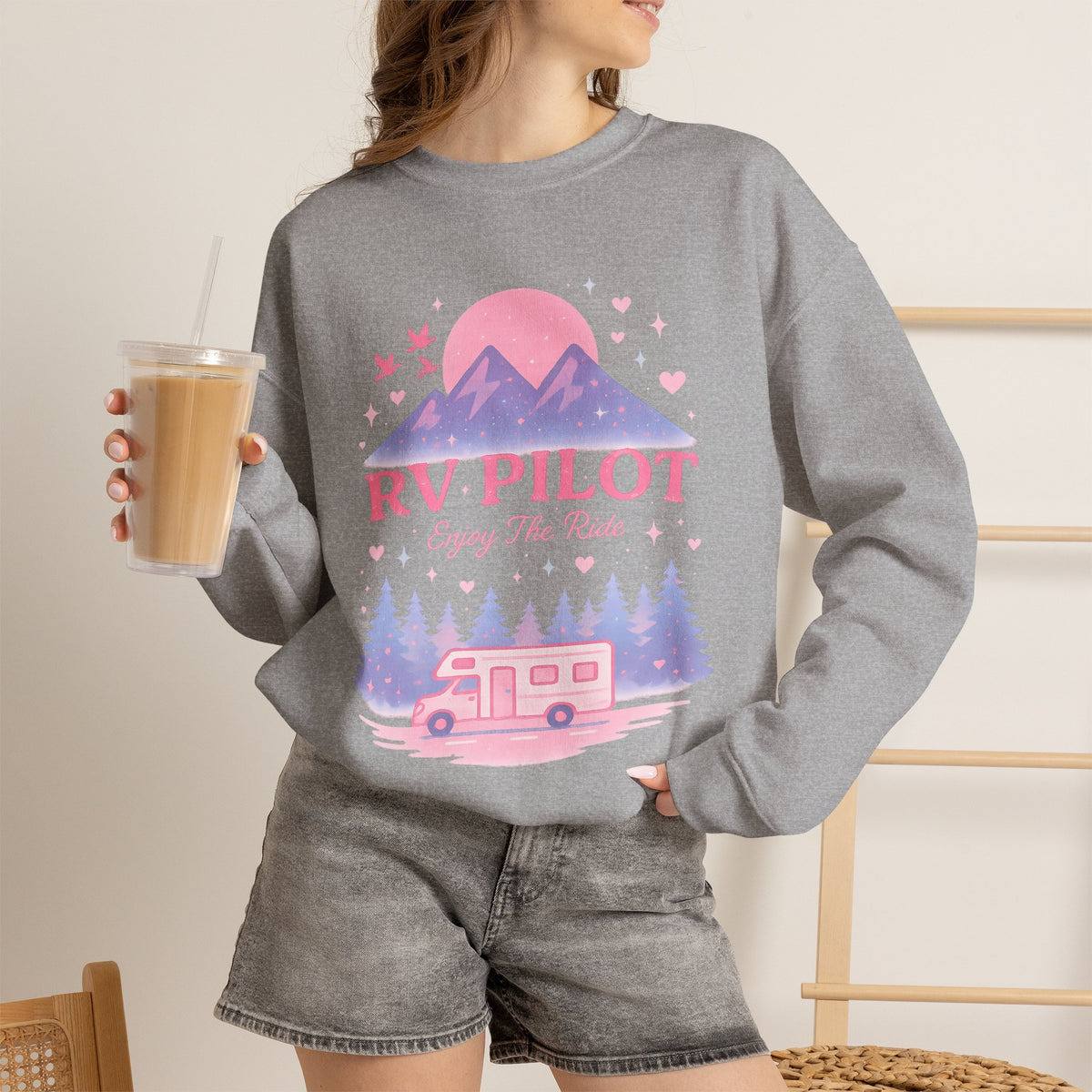 Moonlit RV Adventure: Pastel Pixel Camping Scene Funny Camping Sweatshirt