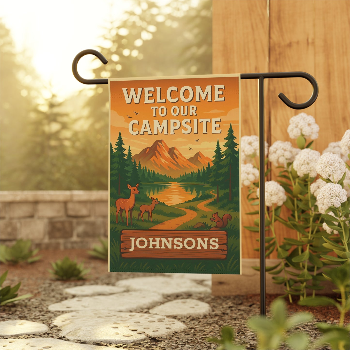 Welcome to Our Campsite Garden Flag — Personalized Outdoor Banner with Mountain, Deer & Forest Design