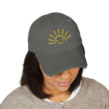 Smiley Sun Embroidered Distressed Dad Hat