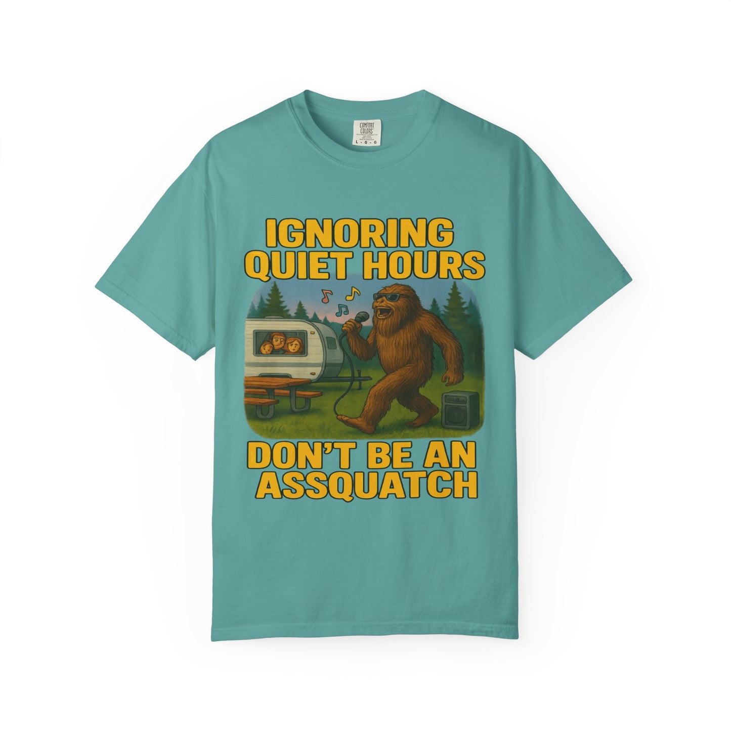 Campground Karaoke Chaos: Bigfoot's Noisy Night, Humorous Camping Etiquette Cartoon Comfort Colors T-Shirt