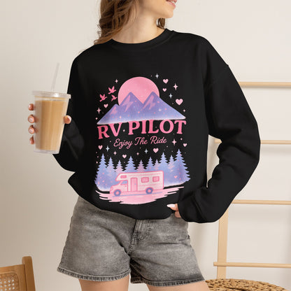 Moonlit RV Adventure: Pastel Pixel Camping Scene Funny Camping Sweatshirt