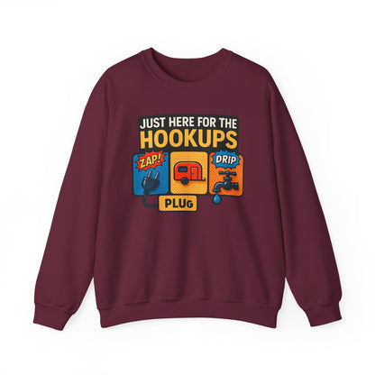 Just Here for the Hookups: Retro RV Camping Humor, Vintage Comic-Style Graphic Design Funny Camping Sweatshirt