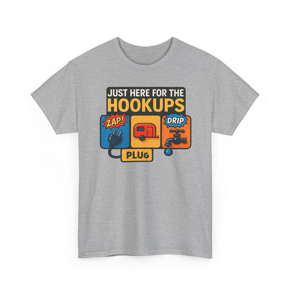 Just Here for the Hookups: Retro RV Camping Humor, Vintage Comic-Style Graphic Design Funny Camping Tee