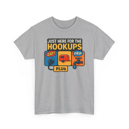 Just Here for the Hookups: Retro RV Camping Humor, Vintage Comic-Style Graphic Design Funny Camping Tee