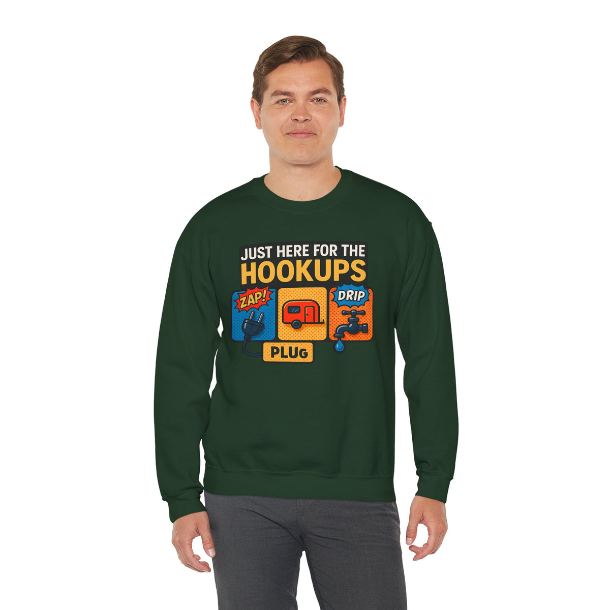 Just Here for the Hookups: Retro RV Camping Humor, Vintage Comic-Style Graphic Design Funny Camping Sweatshirt