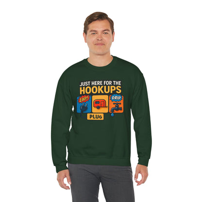 Just Here for the Hookups: Retro RV Camping Humor, Vintage Comic-Style Graphic Design Funny Camping Sweatshirt