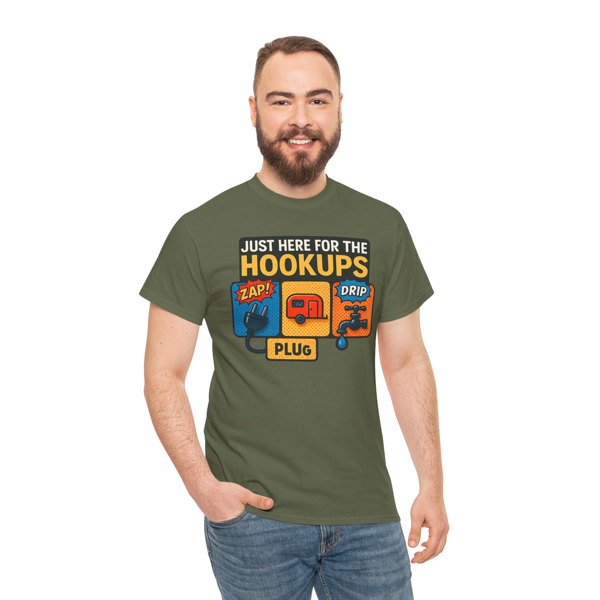 Just Here for the Hookups: Retro RV Camping Humor, Vintage Comic-Style Graphic Design Funny Camping Tee