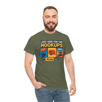 Just Here for the Hookups: Retro RV Camping Humor, Vintage Comic-Style Graphic Design Funny Camping Tee