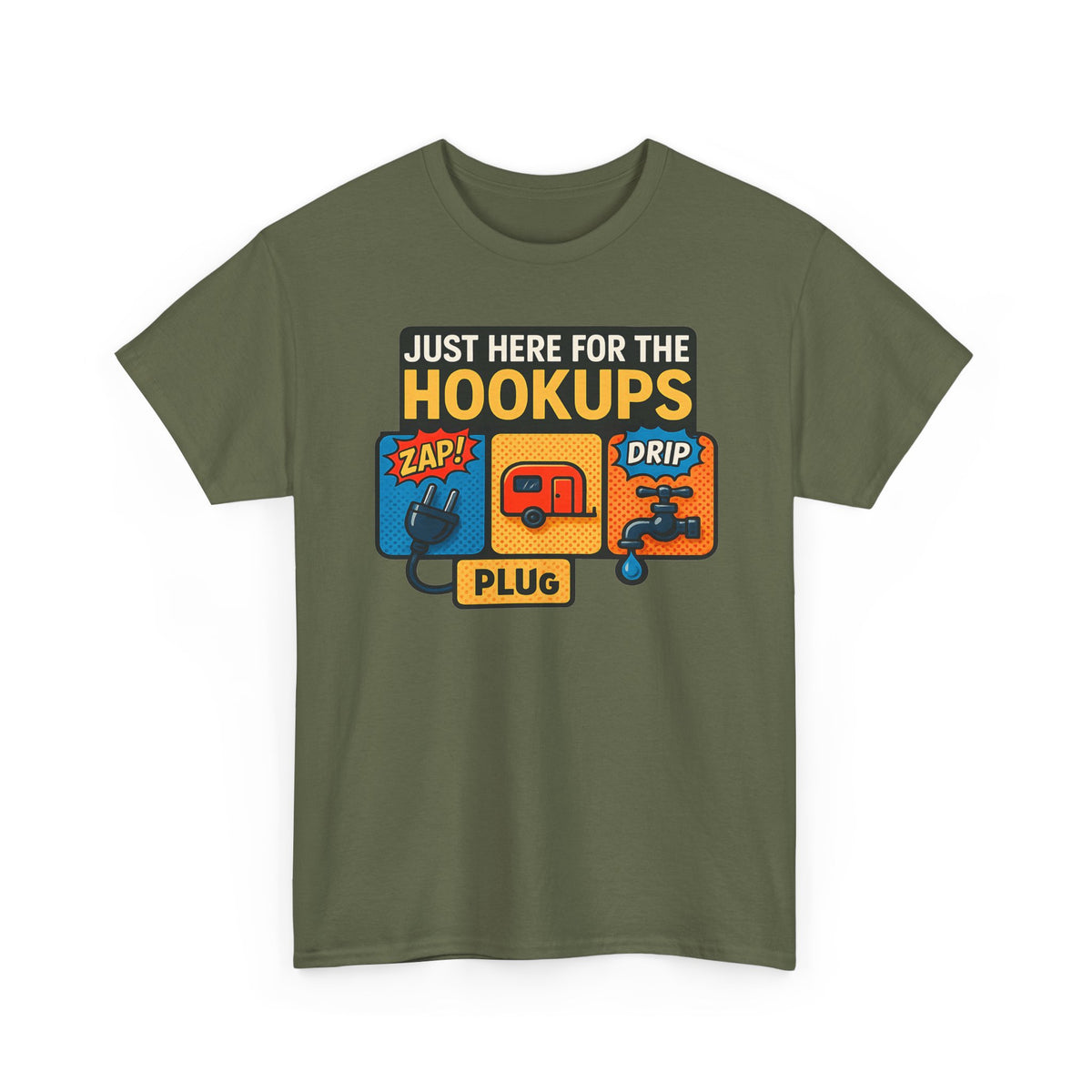 Just Here for the Hookups: Retro RV Camping Humor, Vintage Comic-Style Graphic Design Funny Camping Tee