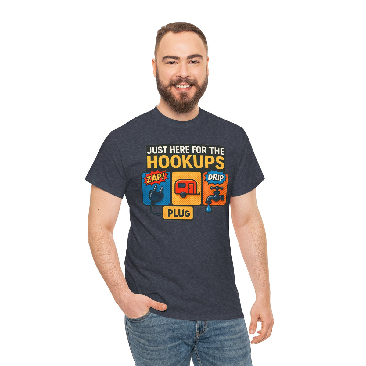 Just Here for the Hookups: Retro RV Camping Humor, Vintage Comic-Style Graphic Design Funny Camping Tee