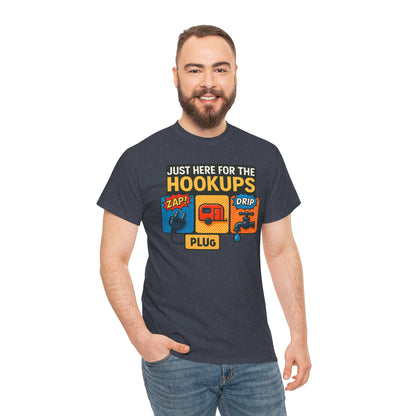 Just Here for the Hookups: Retro RV Camping Humor, Vintage Comic-Style Graphic Design Funny Camping Tee