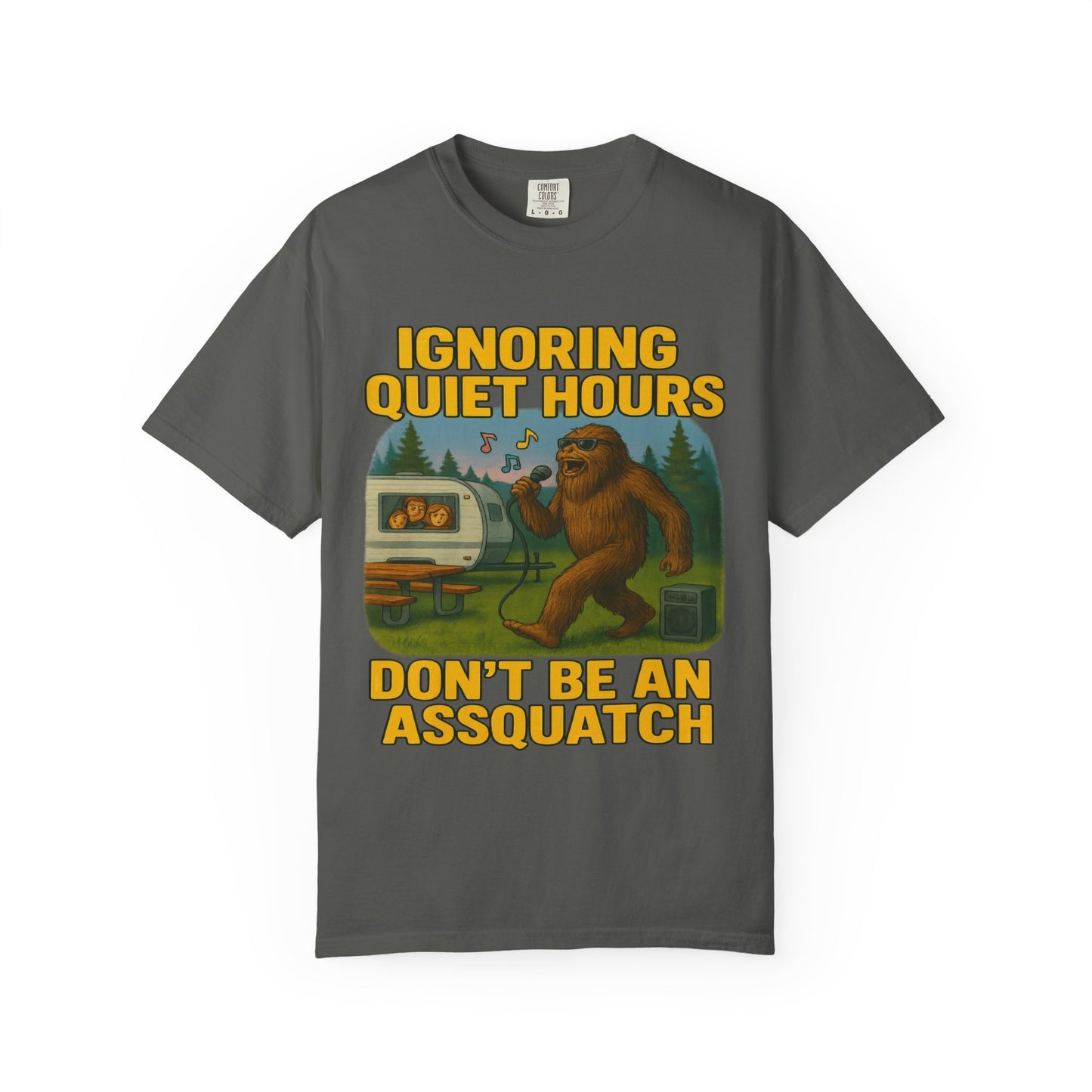 Campground Karaoke Chaos: Bigfoot's Noisy Night, Humorous Camping Etiquette Cartoon Comfort Colors T-Shirt
