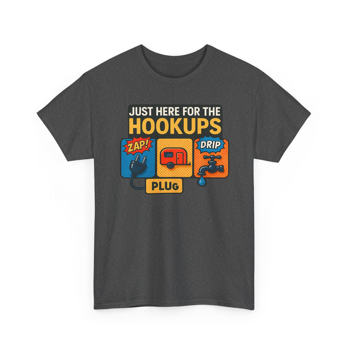 Just Here for the Hookups: Retro RV Camping Humor, Vintage Comic-Style Graphic Design Funny Camping Tee