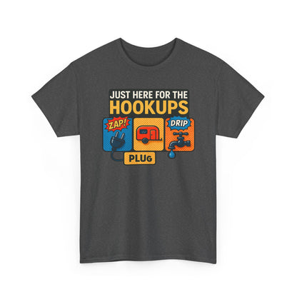 Just Here for the Hookups: Retro RV Camping Humor, Vintage Comic-Style Graphic Design Funny Camping Tee