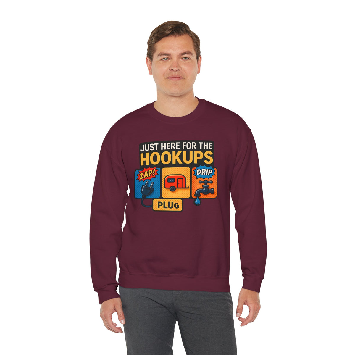 Just Here for the Hookups: Retro RV Camping Humor, Vintage Comic-Style Graphic Design Funny Camping Sweatshirt