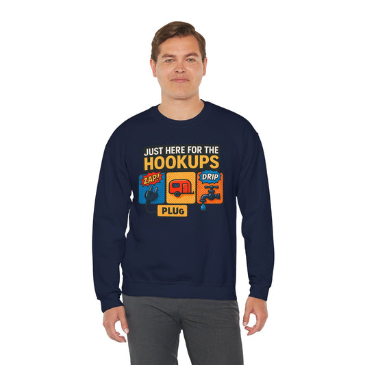 Just Here for the Hookups: Retro RV Camping Humor, Vintage Comic-Style Graphic Design Funny Camping Sweatshirt