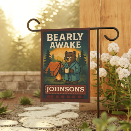 Bearly Awake Personalized Garden Flag — Camping Bear Welcome Banner