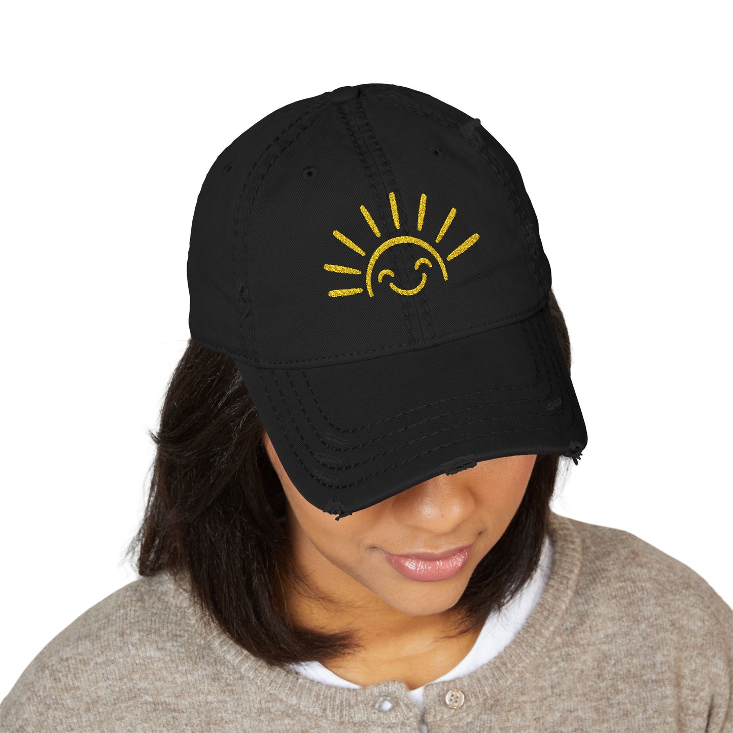 Smiley Sun Embroidered Distressed Dad Hat
