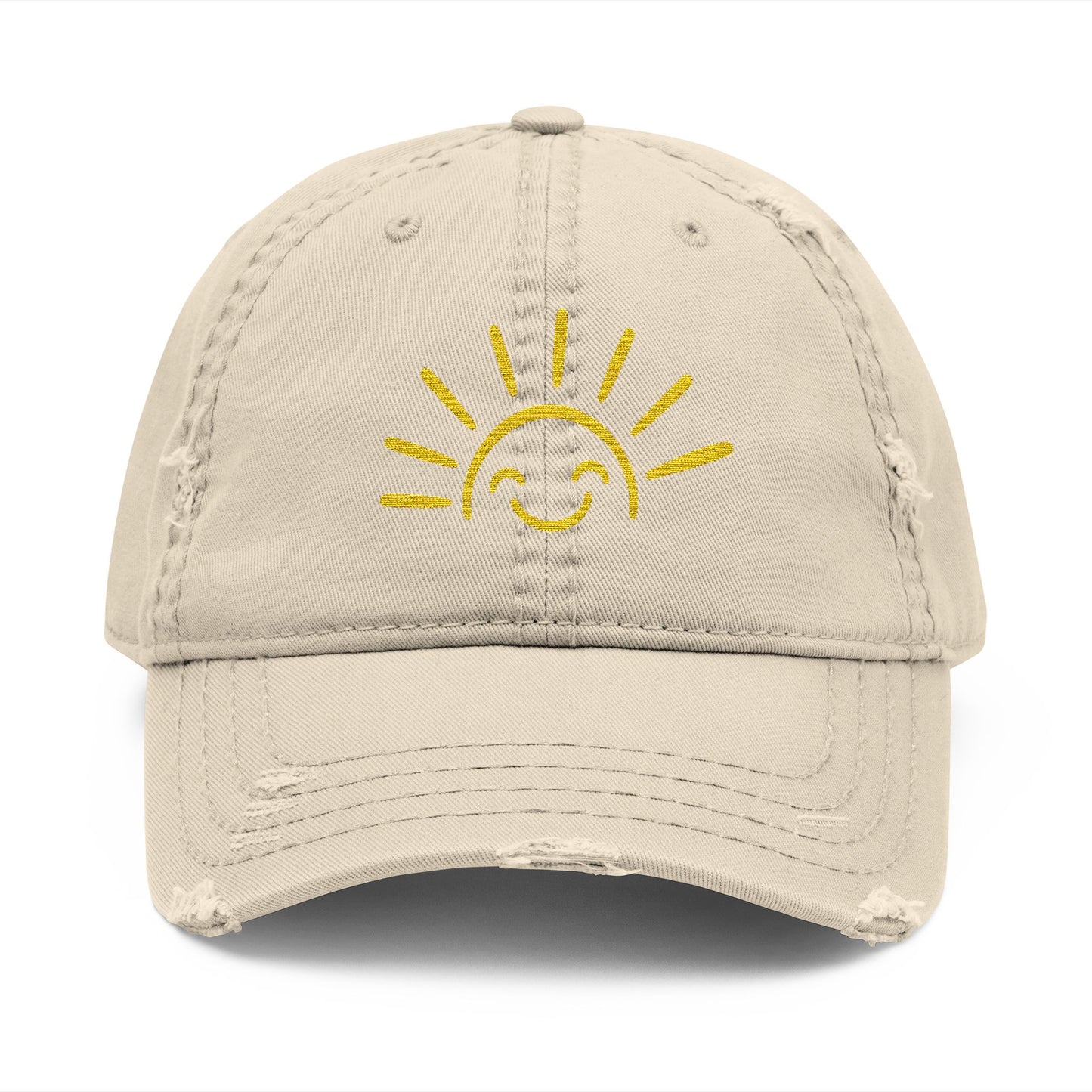 Smiley Sun Embroidered Distressed Dad Hat