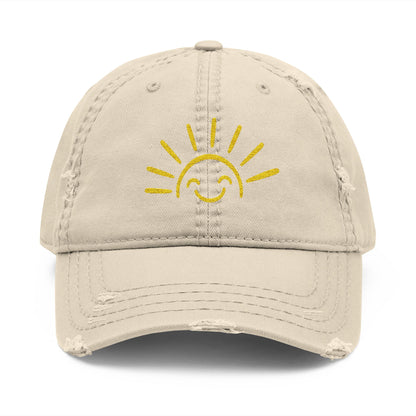 Smiley Sun Embroidered Distressed Dad Hat