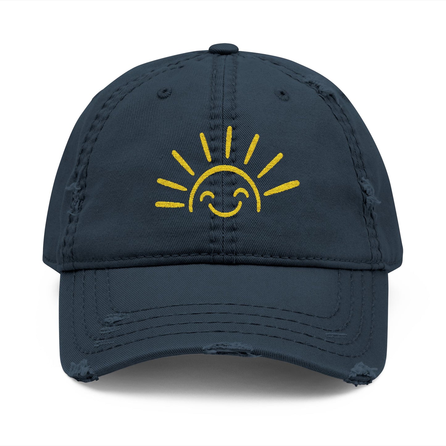 Smiley Sun Embroidered Distressed Dad Hat