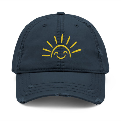 Smiley Sun Embroidered Distressed Dad Hat