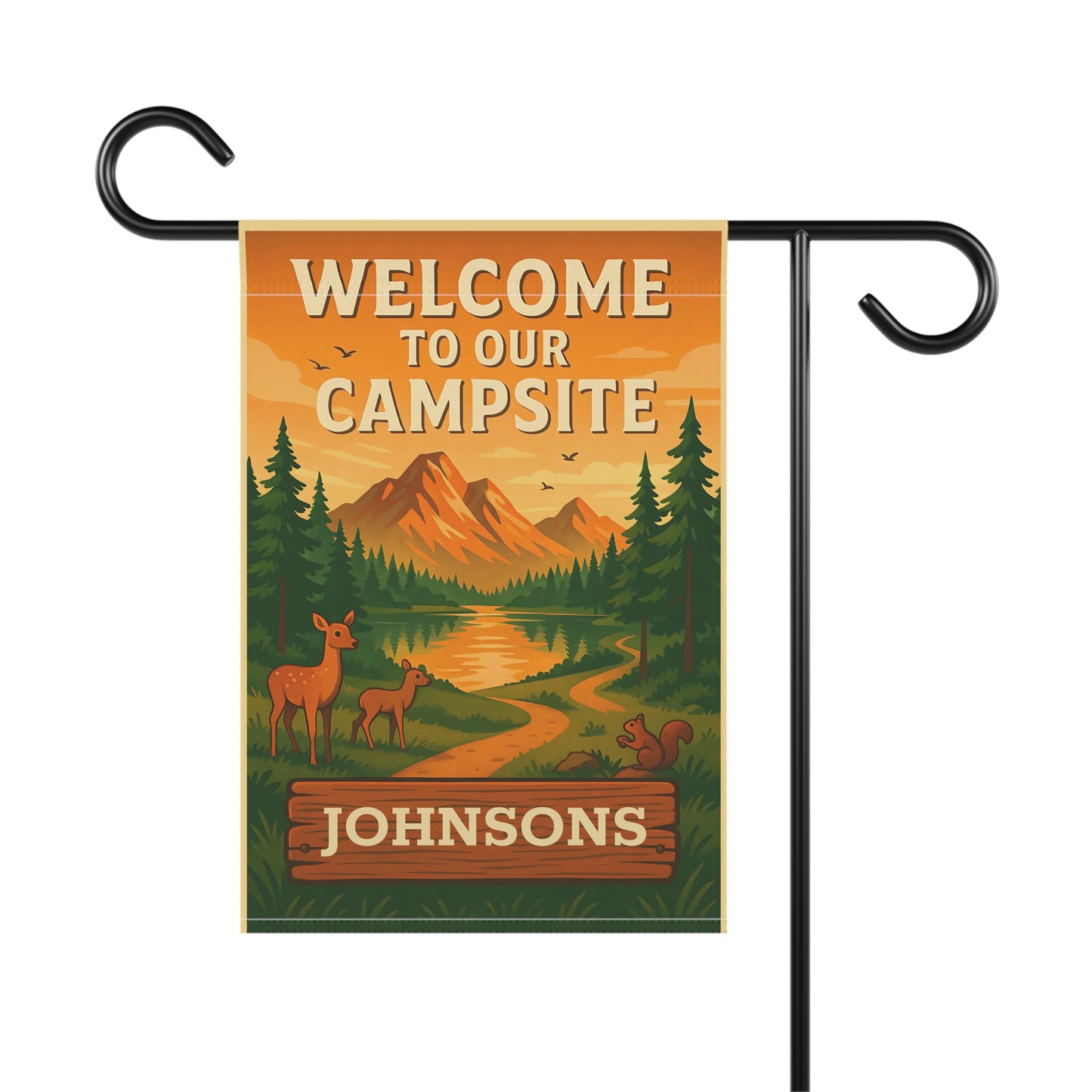 Welcome to Our Campsite Garden Flag — Personalized Outdoor Banner with Mountain, Deer & Forest Design