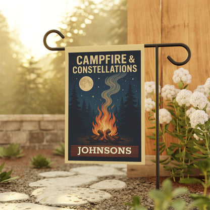Campfire & Constellations Garden Flag — Personalized Outdoor Banner (Custom Family Name)