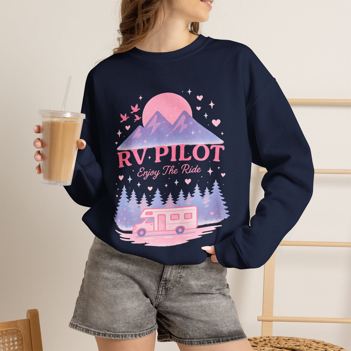 Moonlit RV Adventure: Pastel Pixel Camping Scene Funny Camping Sweatshirt