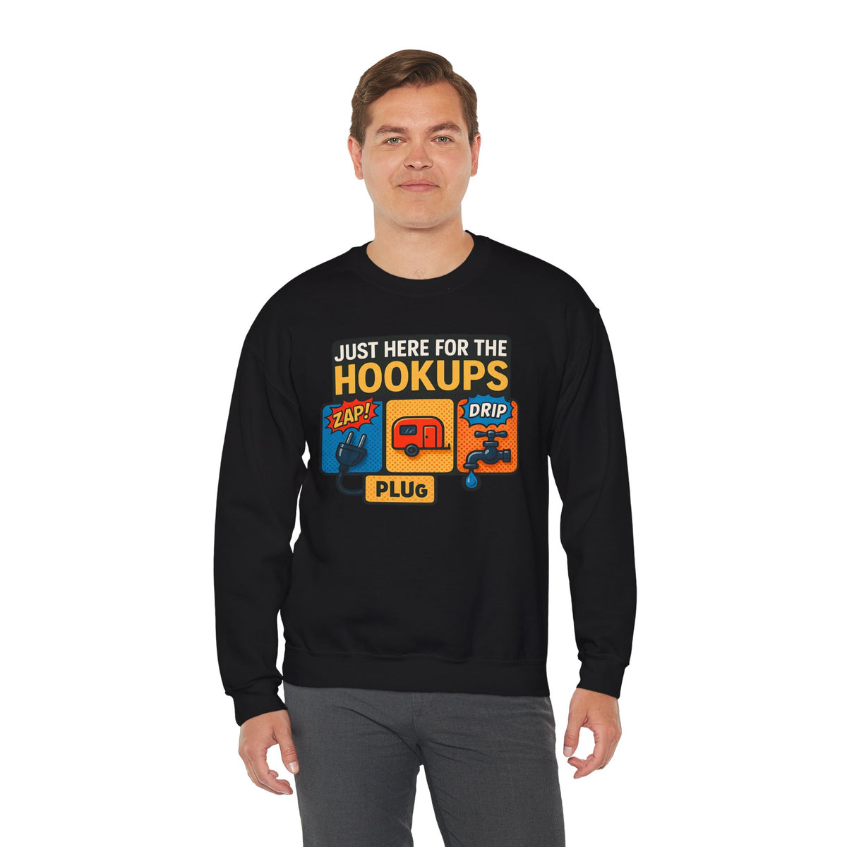 Just Here for the Hookups: Retro RV Camping Humor, Vintage Comic-Style Graphic Design Funny Camping Sweatshirt