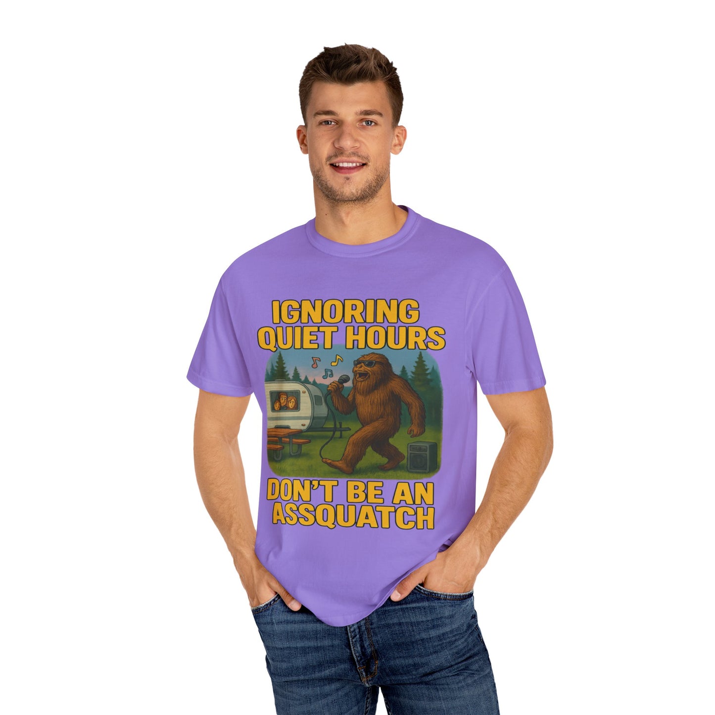 Campground Karaoke Chaos: Bigfoot's Noisy Night, Humorous Camping Etiquette Cartoon Comfort Colors T-Shirt