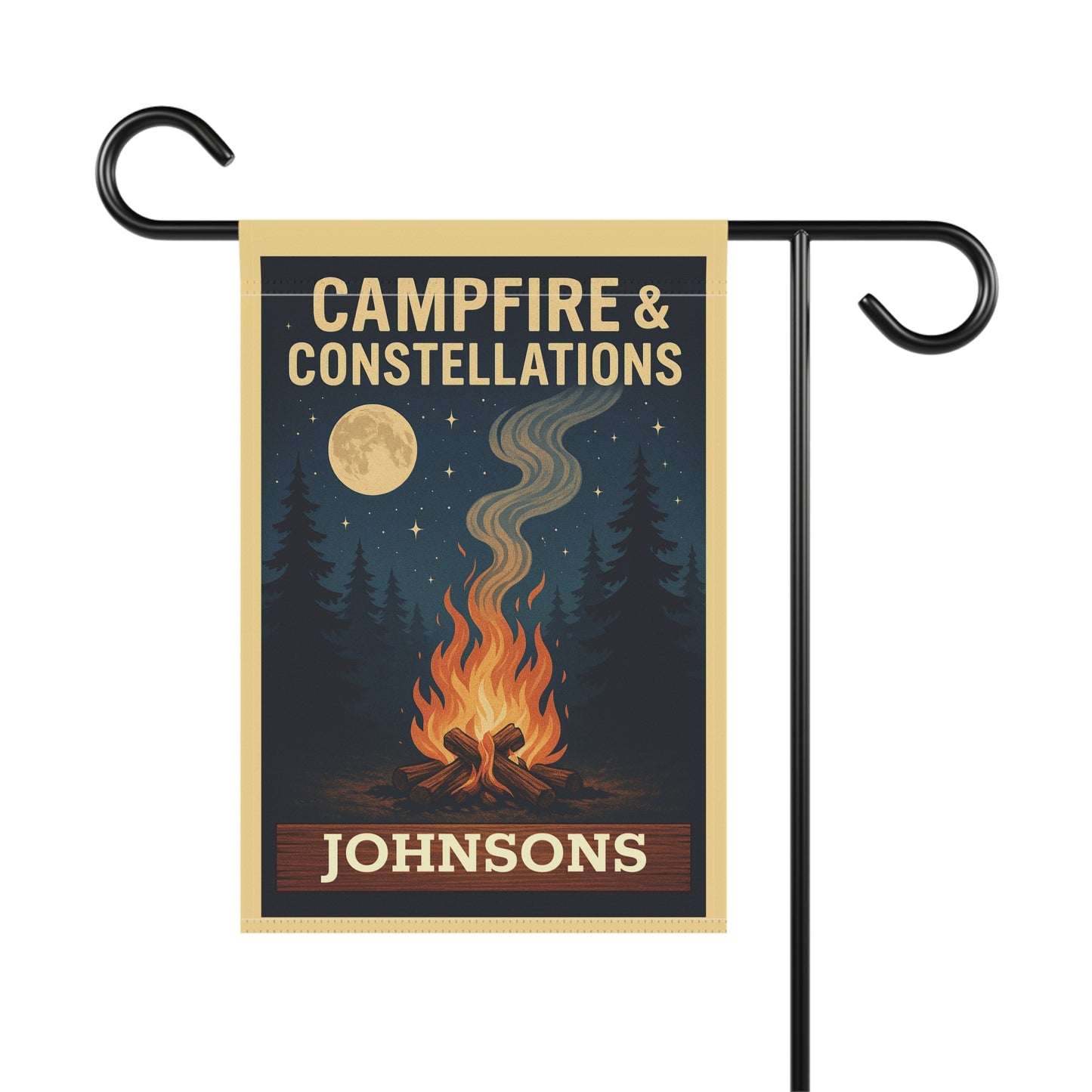 Campfire & Constellations Garden Flag — Personalized Outdoor Banner (Custom Family Name)