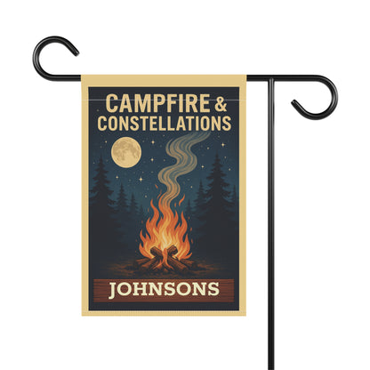 Campfire & Constellations Garden Flag — Personalized Outdoor Banner (Custom Family Name)