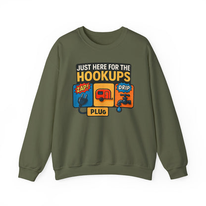 Just Here for the Hookups: Retro RV Camping Humor, Vintage Comic-Style Graphic Design Funny Camping Sweatshirt