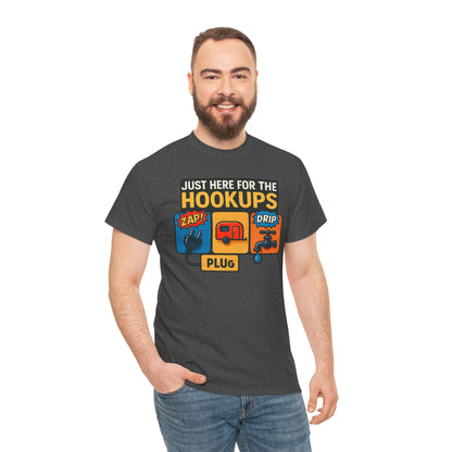 Just Here for the Hookups: Retro RV Camping Humor, Vintage Comic-Style Graphic Design Funny Camping Tee