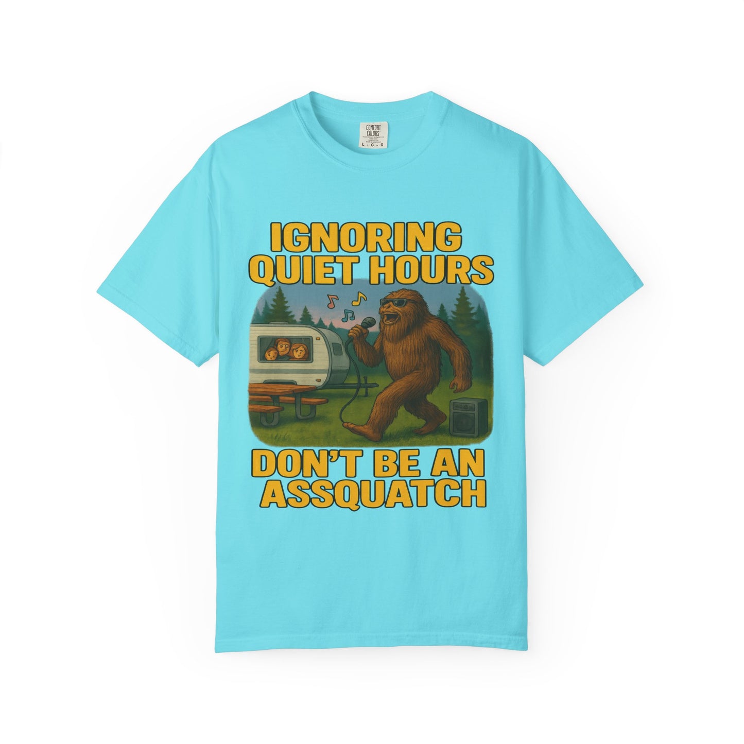 Campground Karaoke Chaos: Bigfoot's Noisy Night, Humorous Camping Etiquette Cartoon Comfort Colors T-Shirt