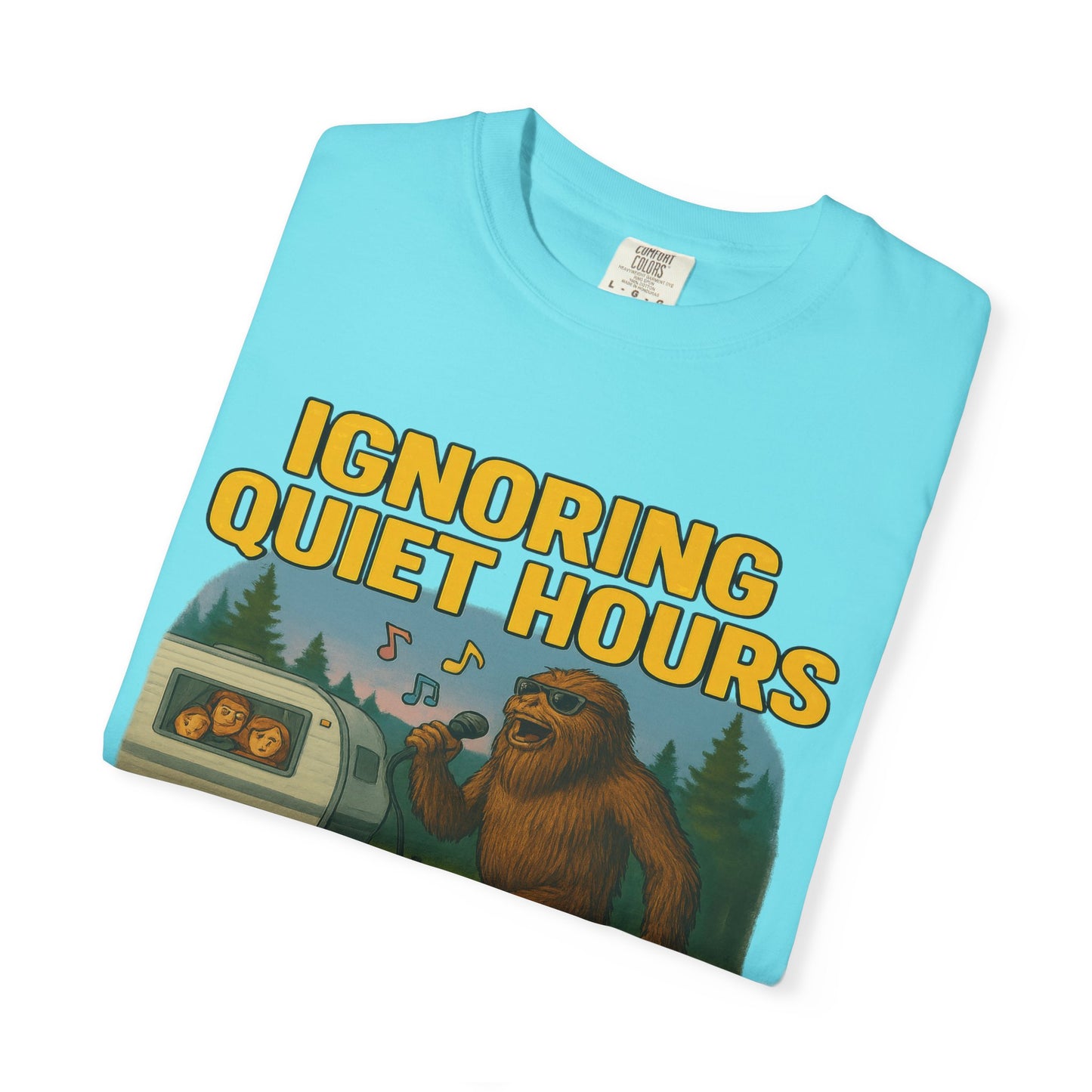 Campground Karaoke Chaos: Bigfoot's Noisy Night, Humorous Camping Etiquette Cartoon Comfort Colors T-Shirt