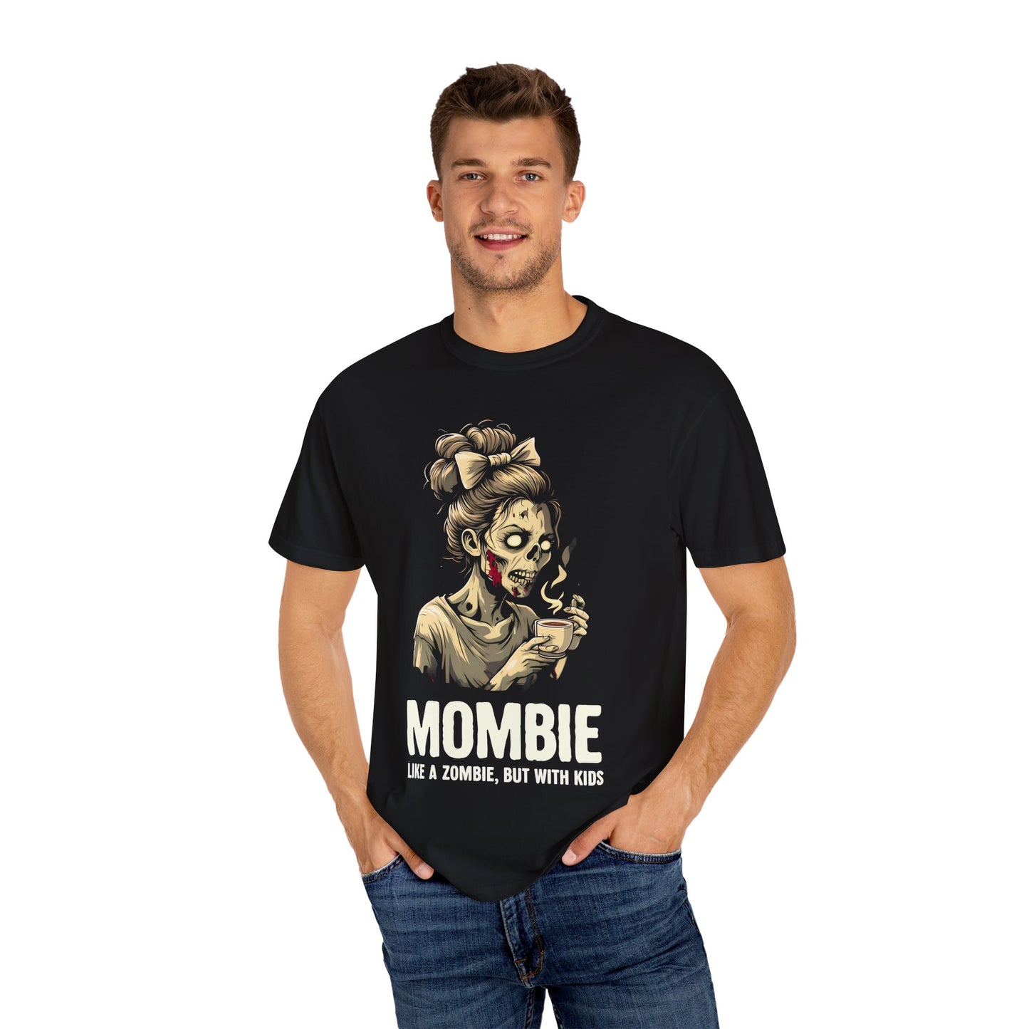 Mombie Unisex Garment-Dyed T-Shirt, Funny Parent Gift, Halloween Costume, Zombie Humor Tee, Unique Mom Shirt