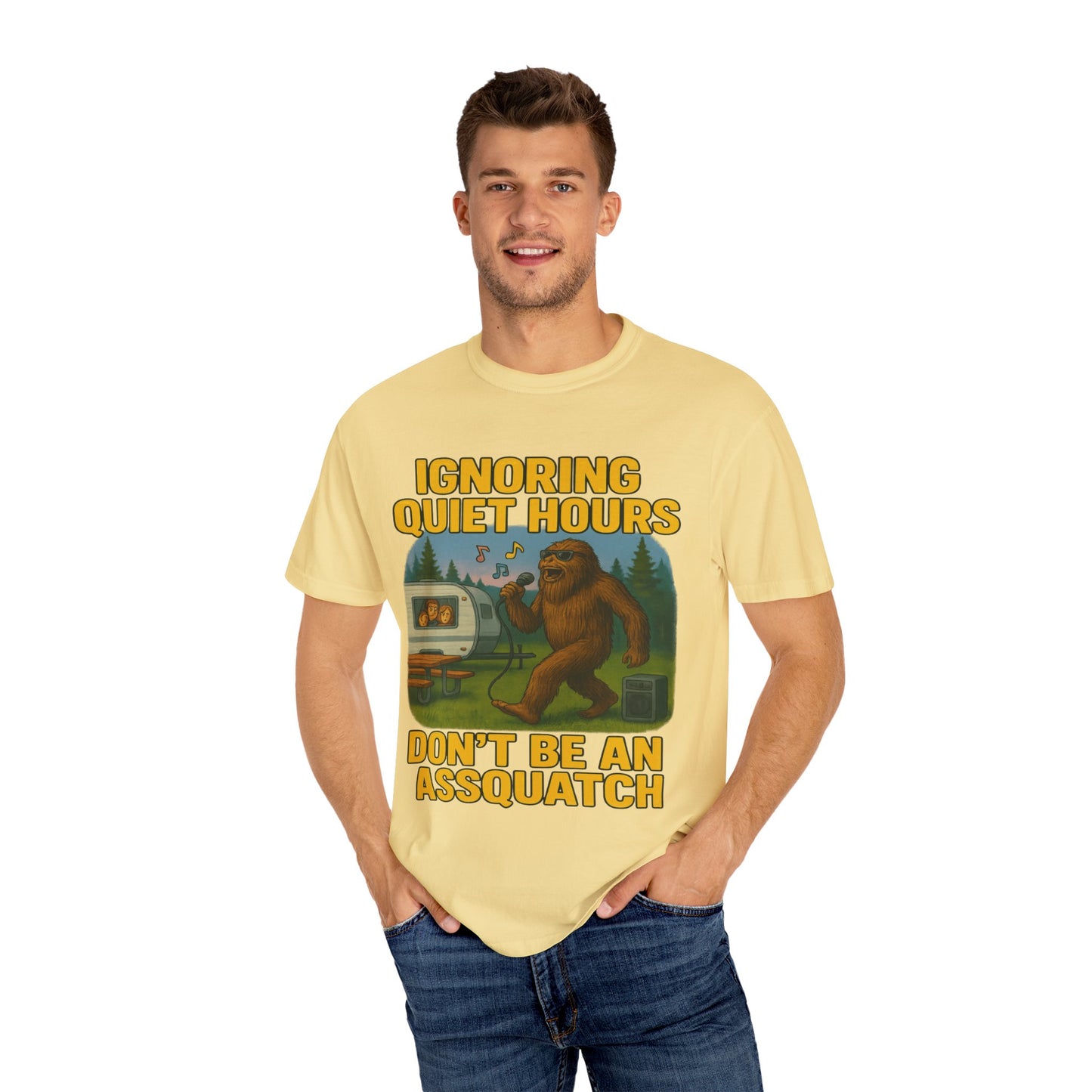 Campground Karaoke Chaos: Bigfoot's Noisy Night, Humorous Camping Etiquette Cartoon Comfort Colors T-Shirt