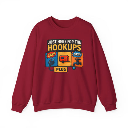 Just Here for the Hookups: Retro RV Camping Humor, Vintage Comic-Style Graphic Design Funny Camping Sweatshirt