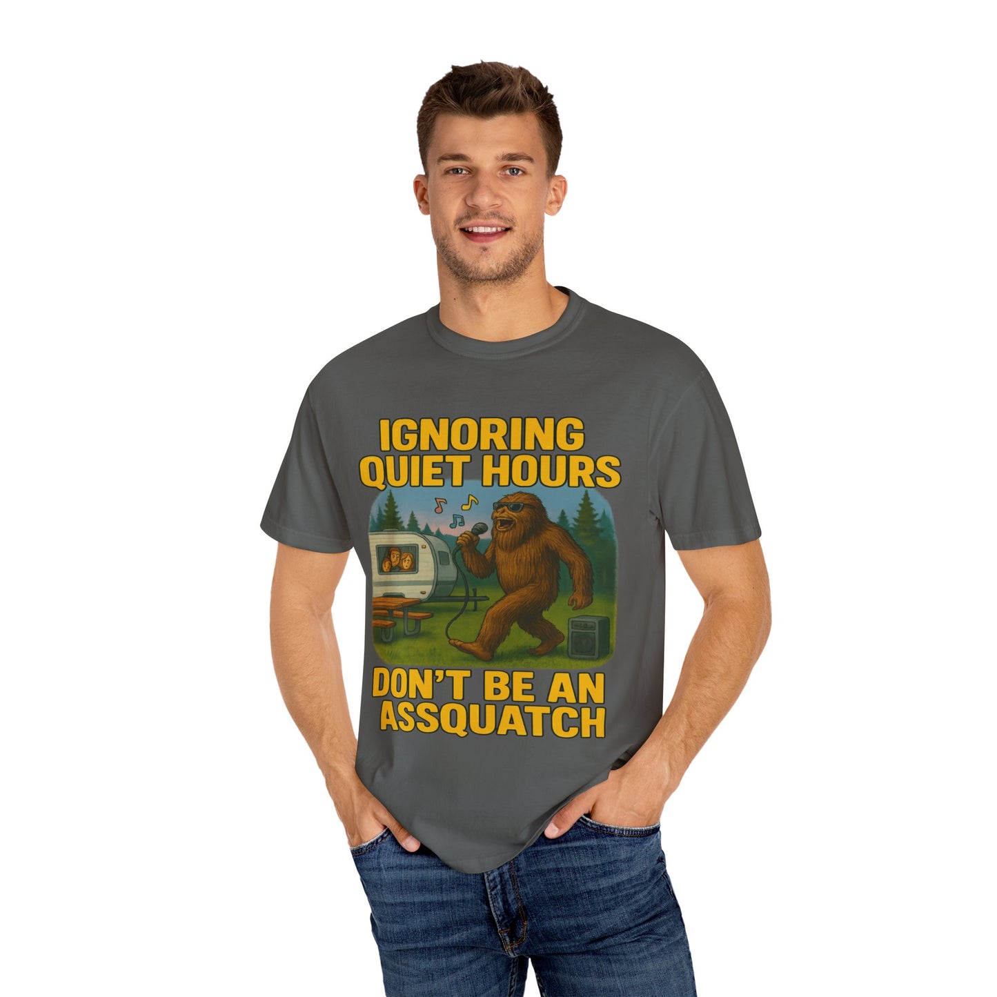 Campground Karaoke Chaos: Bigfoot's Noisy Night, Humorous Camping Etiquette Cartoon Comfort Colors T-Shirt