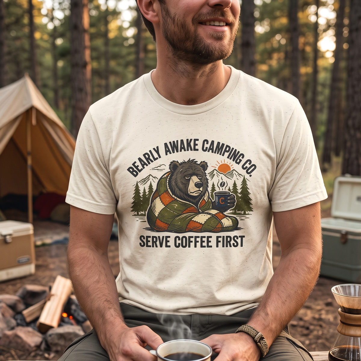 Bearly Awake Camping T-Shirt - "Serve Coffee First" Camping Tee