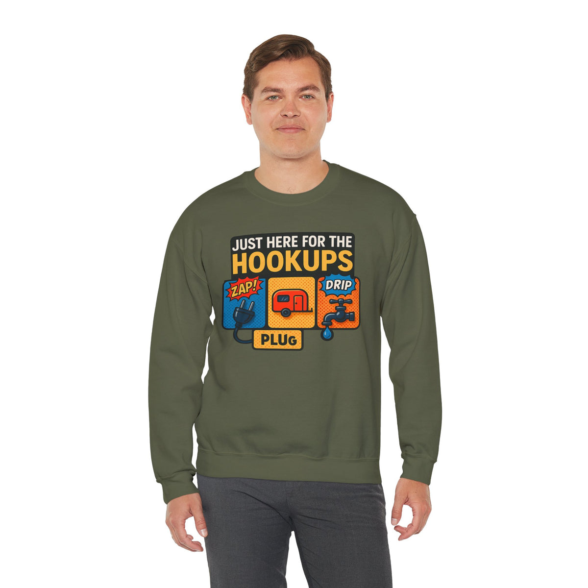Just Here for the Hookups: Retro RV Camping Humor, Vintage Comic-Style Graphic Design Funny Camping Sweatshirt