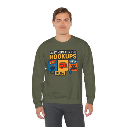 Just Here for the Hookups: Retro RV Camping Humor, Vintage Comic-Style Graphic Design Funny Camping Sweatshirt