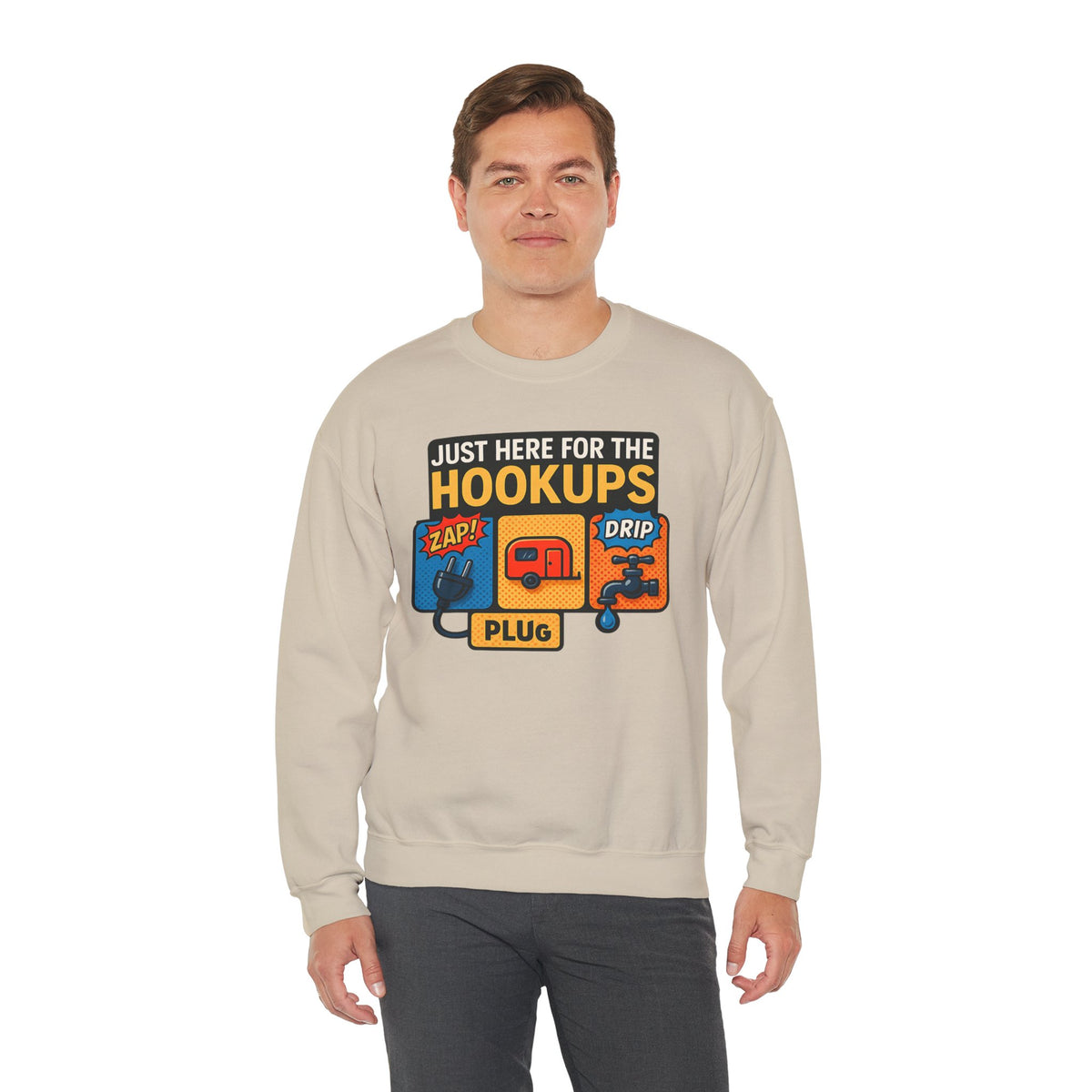 Just Here for the Hookups: Retro RV Camping Humor, Vintage Comic-Style Graphic Design Funny Camping Sweatshirt
